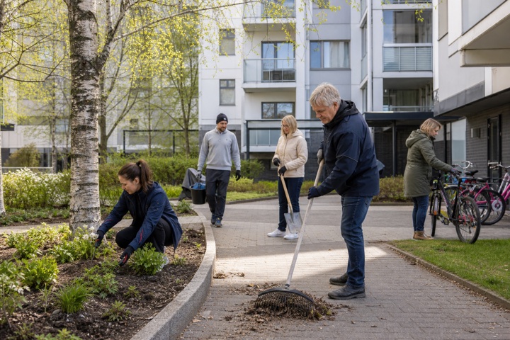 Asukkaat osallistuvat taloyhtiön yhteisiin pihatalkoisiin