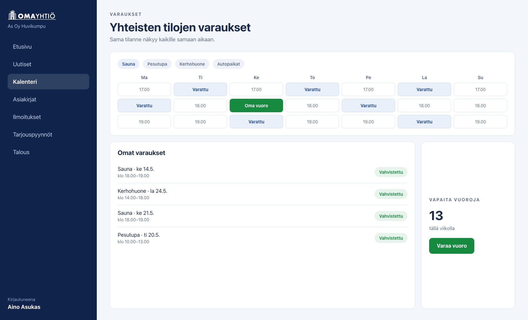 Varauskalenteri, jossa viikon vapaat ja varatut vuorot sekä omat varaukset näkyvät samassa näkymässä