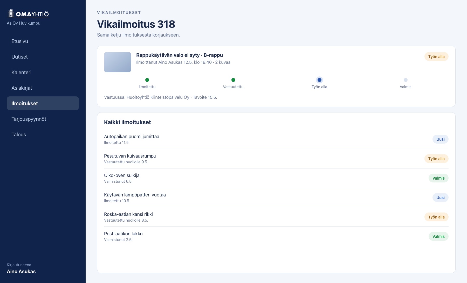 Vikailmoituksen näkymä, jossa käsittelyn vaiheet, vastuutaho ja avoimet ilmoitukset näkyvät samassa listassa
